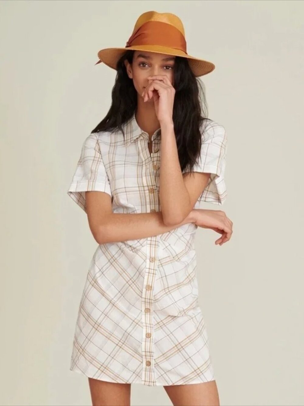 Veronica Beard Lora Plaid Mini Shirt Dress Button up collared ruched waist M